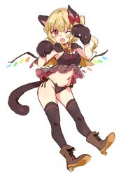 Rule 34 | 1girl, ;o, animal ears, animal hands, bell, black gloves, black panties, black thighhighs, blonde hair, blush, boots, bow, breasts, brown footwear, cat ear panties, cat ears, cat lingerie, cat paws, cat tail, cross-laced footwear, crystal, fang, flandre scarlet, full body, gloves, groin, hair between eyes, hands up, highres, jingle bell, kemonomimi mode, lace-up boots, looking at viewer, meme attire, navel, no headwear, one eye closed, open mouth, panties, paragasu (parags112), paw gloves, red bow, red eyes, side-tie panties, simple background, small breasts, solo, stomach, tail, thighhighs, thighs, touhou, underwear, white background, wings