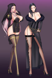 Rule 34 | 2girls, absurdres, areola slip, bare hips, bare shoulders, baru (val-val), belly chain, black hair, blue eyes, breasts, choker, cleavage, contrapposto, covered erect nipples, detached sleeves, dress, female pubic hair, fishnet legwear, fishnets, full body, gigantic breasts, habit, hand on own hip, high heels, highres, jewelry, lipstick, long hair, long legs, looking at viewer, makeup, mole, multiple girls, nail polish, no bra, no panties, nun, off-shoulder dress, off shoulder, original, pink hair, pubic hair, red eyes, red nails, revealing clothes, short dress, side slit, thighhighs, very long hair