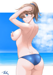 Rule 34 | 1girl, artist name, ass, bikini, bikini bottom only, blue bikini, blue eyes, blue sky, breasts, brown hair, cloud, commentary request, covering breasts, covering privates, cowboy shot, from behind, highres, horizon, intrepid (kancolle), kantai collection, large breasts, looking at viewer, ocean, outside border, ponytail, short hair, sky, solo, swimsuit, t2r, topless