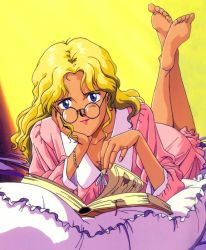 Rule 34 | 1990s (style), barefoot, bed, blonde hair, blue eyes, book, dress, electra (nadia), fushigi no umi no nadia, glasses, retro artstyle, solo