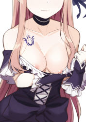 Rule 34 | 1girl, breasts, breasts out, choker, cleavage, fairy fencer f, female focus, head out of frame, highres, long hair, mariano (fairy fencer f), morisobo, nipple slip, nipples, no bra, pink hair, simple background, smile, solo, sweat, white background, wrist cuffs