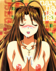 Rule 34 | 1girl, antenna hair, blush, breasts, brown hair, cross, cross necklace, cum, cum in mouth, cum on body, cum on breasts, cum on tongue, cum on upper body, closed eyes, facial, jewelry, large breasts, long hair, love hina, narusegawa naru, necklace, nude, solo, tongue, tongue out