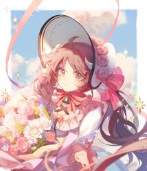 Rule 34 | 1girl, absurdres, ahoge, ambience synesthesia, animal ears, arknights, bantangqubing, blue sky, bonnet, bouquet, bow, brown eyes, brown hair, closed mouth, cloud, commentary, dress, eyjafjalla (arknights), flower, hair bow, hat, hat flower, highres, horns, hugging object, long hair, looking at viewer, pink bow, pink flower, pink rose, rose, sheep ears, sheep girl, sheep horns, short sleeves, sky, smile, solo, striped, striped bow, twintails, very long hair, white dress, white flower, white hat