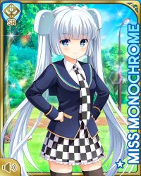 Rule 34 | 1girl, blue eyes, blue jacket, blunt bangs, card, character name, checker pattern, closed mouth, day, girlfriend (kari), hands on own hips, jacket, miss monochrome, miss monochrome (character), necktie, official art, outdoors, park, qp:flapper, school uniform, shirt, skirt, smile, solo, tagme, thighhighs, twintails, white footwear, white hair, white shirt
