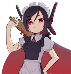 Rule 34 | 1girl, :/, apron, black dress, black hair, blood, bloody weapon, blush, cape, collared shirt, copyright request, dethmaid, dress, grey apron, grey shirt, holding, holding weapon, long hair, looking at viewer, maid, maid headdress, puffy short sleeves, puffy sleeves, red cape, red eyes, red hair, shirt, short sleeves, solo, weapon, white background