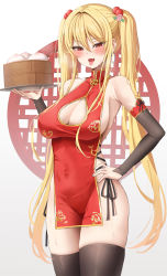 Rule 34 | 1girl, :d, absurdres, armpits, bamboo steamer, baozi, bare shoulders, biya (1024), black thighhighs, blonde hair, breasts, breath, china dress, chinese clothes, cleavage, cleavage cutout, clothing cutout, cowboy shot, detached sleeves, dress, earrings, fang, food, gold trim, hair ornament, hand on own hip, hand up, highres, hoop earrings, jewelry, large breasts, long hair, long sleeves, looking at viewer, no bra, no panties, open mouth, original, pelvic curtain, red dress, red eyes, sayuri (k pring), sidelocks, sleeveless, sleeveless dress, smile, solo, standing, sweat, thighhighs, thighs, tongue, tongue out, twintails, very long hair, white background
