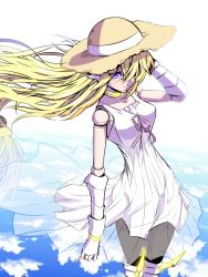 Rule 34 | 1girl, bare shoulders, blonde hair, blue eyes, collar, commentary request, copyright request, doll joints, dress, gloves, hair over one eye, hand up, hat, highres, jin (mugenjin), joints, long hair, looking at viewer, one eye covered, pointy ears, solo, standing, straw hat, sundress, very long hair, white dress, white gloves, wind