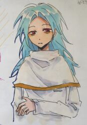 Rule 34 | 1girl, absurdres, alternate eye color, blue hair, capelet, chinese commentary, closed mouth, commentary request, enomoto noa, gold trim, hand on own arm, highres, long hair, long sleeves, marker (medium), parted bangs, red eyes, saibou shinkyoku, shirt, solo, traditional media, upper body, white capelet, white shirt, yang wei