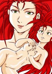 Rule 34 | 1girl, blush, breasts, dual persona, female focus, green eyes, hakubi washuu, long hair, lying, navel, nude, aged up, pussy, red hair, small breasts, tenchi muyou!, uncensored, very long hair, aged down