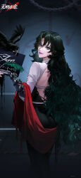 Rule 34 | 1girl, absurdres, ass, backless bodysuit, bird, black bird, black bodysuit, bodysuit, chain, character name, copyright name, cowboy shot, crow, curly hair, eyeshadow, from behind, gauntlets, green eyes, green hair, hand up, highres, holding, holding clothes, holding quill, holding sign, indoors, jacket, logo, long hair, looking at viewer, looking back, makeup, mugshot, official art, official wallpaper, path to nowhere, prison clothes, purple eyeshadow, purple lips, quill, raven (path to nowhere), red jacket, sign, single gauntlet, smile, solo, turning head, two-tone bodysuit, unworn jacket, very long hair, white bodysuit