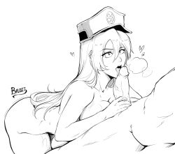 Rule 34 | 1boy, 1girl, artist name, bambietta basterbine, bleach, bleach: sennen kessen-hen, breasts, commentary request, completely nude, fellatio, hair between eyes, hat, heart, heavy breathing, hetero, highres, licking, licking penis, long hair, medium breasts, military hat, nude, oral, penis, signature, solo focus, spanish commentary, victorbalgitt