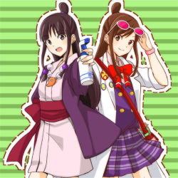 Rule 34 | 2girls, ace attorney, apollo justice: ace attorney, badge, black hair, blunt bangs, bottle, bow, bowtie, bracelet, brown hair, buttons, cardigan, commentary request, cowboy shot, double-breasted, ema skye, eyewear on head, green background, grey eyes, hair ornament, half updo, hand on own head, hand up, hanten (clothes), holding, jacket, japanese clothes, jewelry, kimono, kisaragi ichigo, long hair, long sleeves, looking at viewer, magatama, maya fey, multiple girls, necklace, obi, open mouth, outline, parted bangs, pleated skirt, purple cardigan, purple jacket, purple skirt, red bow, red bowtie, red sash, sash, school uniform, shadow, short kimono, sidelocks, skirt, sleeves rolled up, smile, spray bottle, standing, striped, striped background, swept bangs, teeth, upper teeth only, white jacket, white kimono, white outline, wide sleeves