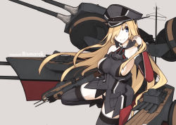 Rule 34 | 10s, 1girl, absurdres, bad id, bad pixiv id, bare shoulders, bismarck (kancolle), black panties, blonde hair, blue eyes, breasts, cannon, character name, cowboy shot, detached sleeves, gloves, grin, hair over one eye, hat, highres, jewelry, kantai collection, large breasts, long hair, looking at viewer, mecha musume, mikoto (oi plus), military, military hat, military uniform, open mouth, panties, peaked cap, purple background, revision, ring, sideboob, simple background, smile, solo, thighhighs, turret, underwear, uniform, upper body