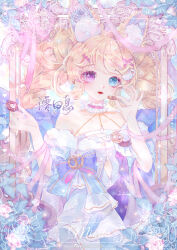 Rule 34 | 1girl, animal ear fluff, animal ears, arm ribbon, artist name, blonde hair, blue bow, blue eyes, blue sky, blue wings, bow, braid, chinese commentary, choker, closed mouth, cloud, collarbone, commentary request, commission, cookie, cowboy shot, day, detached sleeves, diamond cutout, dress, dress bow, eyelashes, fingernails, flower, flower in eye, food, fox ears, frilled choker, frills, fur sleeves, hair ornament, hairclip, heterochromia, highres, holding, holding food, light smile, lipstick, long hair, looking at viewer, makeup, mioda xi, original, outdoors, pink choker, pink flower, pink ribbon, pink rose, pleated skirt, pom pom (clothes), pom pom hair ornament, purple bow, purple eyes, red lips, ribbon, rose, rose bush, sample watermark, shirt, short dress, skirt, sky, sleeve bow, sleeveless, sleeveless shirt, solo, sparkle, symbol in eye, twin braids, twintails, watermark, weibo logo, weibo watermark, white dress, white sleeves, wings, x hair ornament