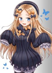 Rule 34 | 1girl, abigail williams (fate), bad id, bad pixiv id, black bow, black hat, blonde hair, blue eyes, blush, bow, commentary request, dress, fate/grand order, fate (series), hair bow, hat, highres, long hair, long sleeves, looking at viewer, orange bow, parted bangs, polka dot, polka dot bow, sleeves past fingers, sleeves past wrists, solo, toonoki, very long hair