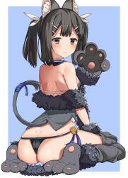 Rule 34 | alternate hairstyle, animal ears, animal hands, bell, black hair, black panties, breasts, brown eyes, closed mouth, dangeroes beast (miyu), detached collar, dimples of venus, fake ahoge, fake animal ears, fate/kaleid liner prisma illya, fate (series), from behind, full body, gloves, grey thighhighs, hai ookami, hair ornament, hairband, hairclip, highres, jingle bell, light smile, looking back, miyu edelfelt, panties, paw gloves, paw shoes, ribbon, shoes, shoulder blades, simple background, sitting, small breasts, smile, solo, string panties, tail, tail ornament, tail ribbon, thighhighs, thong, twintails, underwear, wariza