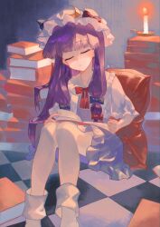 Rule 34 | 1girl, absurdres, book, book stack, bow, candle, candlelight, capelet, checkered floor, cindy717, closed eyes, commentary, dress, hair bow, hat, highres, holding, holding book, knees up, long hair, mob cap, pantyhose, patchouli knowledge, purple dress, purple hair, sitting, sleeping, socks, solo, touhou, very long hair, white capelet, white pantyhose, white socks