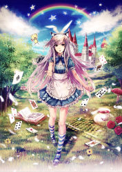 Rule 34 | 1girl, alice in wonderland, applekun, apron, book, card, castle, cloud, cloudy sky, cup, day, envelope, flower, frilled apron, frills, hairband, highres, long hair, maid, mary janes, mushroom, neck ribbon, official art, original, outdoors, pigeon-toed, purple hair, rainbow, reaching, ribbon, rose, shoes, short sleeves, sky, socks, solo, striped clothes, striped legwear, striped socks, teacup, waist apron, walking, white apron
