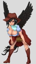 Rule 34 | 1girl, bad id, bad twitter id, bandana, bare shoulders, black hair, black wings, boots, breasts, brown headwear, cleavage, collarbone, cowboy boots, cowboy hat, cowboy western, feathered wings, full body, grey background, hat, highres, horse girl, horse tail, kurokoma saki, large breasts, leaning forward, looking at viewer, multicolored clothes, off-shoulder shirt, off shoulder, open mouth, pegasus wings, ponytail, red eyes, shirt, short hair, simple background, standing, tail, touhou, white bandana, wings, zawapirori