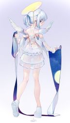 Rule 34 | 1girl, angel, bare legs, detached sleeves, dress, feathered wings, from behind, full body, glasses, gradient background, halo, hat, highres, holding, holding scroll, kaede (shijie heping), looking back, moon, multiple wings, original, pince-nez, ponytail, profile, purple eyes, scroll, see-through, see-through dress, see-through sleeves, short hair, sidelocks, sleeveless, sleeveless dress, solo, white footwear, white hair, white hat, white wings, wings