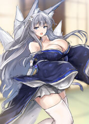 Rule 34 | 1girl, :d, animal ears, azur lane, blue eyes, blue kimono, breasts, cleavage, detached collar, ebizome, fox ears, fox girl, fox tail, grey hair, highres, japanese clothes, kimono, kitsune, kyuubi, large breasts, long hair, mole, mole under eye, multiple tails, off shoulder, open mouth, pleated skirt, shinano (azur lane), sketch, skirt, sleeves past fingers, sleeves past wrists, smile, tail, thighhighs, very long hair, white skirt, white thighhighs, zettai ryouiki