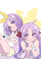 Rule 34 | 2girls, blush, bow, camisole, cellphone, closed mouth, collarbone, dated, hair bow, hamioura, highres, hiiragi kagami, hiiragi tsukasa, holding, holding phone, long hair, looking at viewer, lucky star, multiple girls, open mouth, phone, purple eyes, purple hair, short hair, siblings, sisters, smartphone, smile, star (symbol), twins, twintails, yellow bow