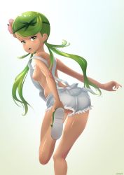 Rule 34 | 1girl, absurdres, breasts, creatures (company), dark-skinned female, dark skin, fang, female focus, flower, from behind, g@rnet, game freak, green hair, hair flower, hair ornament, highres, looking at viewer, looking back, mallow (pokemon), naked overalls, nintendo, nipples, open mouth, overalls, pokemon, pokemon (anime), pokemon sm, pussy, shiny skin, simple background, small breasts, solo, standing, standing on one leg, swept bangs, twintails, uncensored