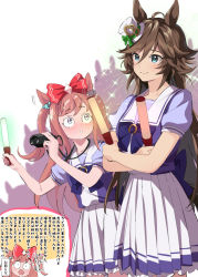Rule 34 | 2girls, :o, agnes digital (umamusume), ahoge, animal ears, blush, bow, brown hair, camera, crossed arms, ear wiggle, glowstick, green eyes, hair bow, hair ornament, hairclip, hat, holding, holding glowstick, horse ears, looking at another, looking at viewer, mini hat, mini top hat, misu kasumi, motion lines, mr. c.b. (umamusume), multiple girls, nose blush, pink hair, puffy short sleeves, puffy sleeves, purple shirt, sailor collar, school uniform, shirt, short sleeves, silhouette, skirt, smile, sparkle, standing, top hat, tracen school uniform, translation request, two side up, umamusume, white skirt, wide-eyed