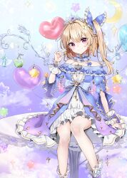 Rule 34 | 1girl, alternate costume, balloon, blonde hair, blue bow, blue dress, blush, bow, closed mouth, collarbone, crescent, dress, earrings, feet out of frame, flandre scarlet, hair bow, heart balloon, highres, jewelry, long hair, looking at viewer, one side up, petticoat, pointy ears, red eyes, shironeko yuuki, short sleeves, sitting, smile, solo, star (symbol), touhou, wings, wrist cuffs