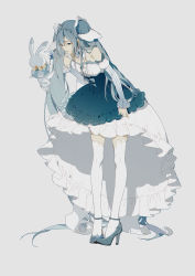 Rule 34 | 1girl, absurdly long hair, absurdres, alternate costume, animal, ankle strap, bad id, bad pixiv id, bare shoulders, bent over, blue eyes, chromatic aberration, clothed animal, commentary request, detached collar, detached sleeves, dress, finger to mouth, flower, hair ornament, hatsune miku, high heels, highres, long dress, long hair, looking at another, pantyhose, pumps, rabbit, skirt, sleeveless, sleeveless dress, strappy heels, thighhighs, tiara, very long hair, vocaloid, white dress, white thighhighs, yuki miku, yukine (vocaloid), zhibuji loom