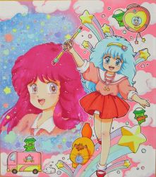 Rule 34 | 1980s (style), 2girls, arm up, blue eyes, blue hair, bobby socks, cat, dress, dual persona, full body, gera gera (persia), hairband, hayami persia, heart, long hair, mahou no yousei persia, mary janes, meso meso (persia), mikiky, multiple girls, retro artstyle, persia (mahou no yousei persia), pink hair, puri puri (persia), red dress, red skirt, retro artstyle, shikishi, shirt, shoes, simba (persia), skirt, sleeves rolled up, smile, socks, standing, standing on one leg, star (symbol), traditional media, wand