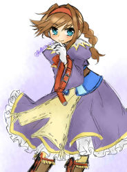 Rule 34 | 1girl, ahoge, belt, blue eyes, braid, breasts, brown hair, closed mouth, coat, commentary request, dress, gloves, hairband, hekikuu (kanaderuyume), long hair, purple dress, red hairband, shirt, smile, solo, virginia maxwell, white gloves, wild arms, wild arms 3