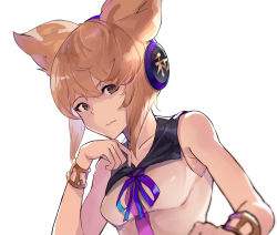 Rule 34 | 1girl, amano hagoromo, armpit peek, bare shoulders, blonde hair, blurry, bracelet, breasts, brown eyes, closed mouth, collarbone, depth of field, earmuffs, expressionless, hand up, highres, jewelry, looking at viewer, pointy hair, shirt, simple background, small breasts, solo, touhou, toyosatomimi no miko, upper body, white background, white shirt