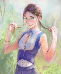Rule 34 | 1girl, armlet, arms up, blue eyes, bracelet, breasts, brown hair, cleavage, collared shirt, grass, holding, holding hair, jewelry, lips, looking at viewer, medium breasts, nababa, nose, original, parted bangs, shirt, smile, solo, standing, upper body