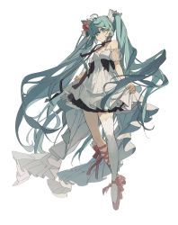 Rule 34 | 1girl, absurdres, ahoge, aqua eyes, aqua hair, ballet slippers, bare shoulders, black bow, black ribbon, blue eyes, blue hair, bow, breasts, cleavage, detached sleeves, dress, flower, full body, hair between eyes, hair flower, hair ornament, hatsune miku, highres, holding, holding clothes, holding dress, long hair, looking at viewer, neck ribbon, off-shoulder dress, off shoulder, parted lips, pink footwear, protected link, ribbon, see-through, see-through sleeves, short sleeves, simple background, single thighhigh, solo, standing, thighhighs, twintails, very long hair, vocaloid, white background, white dress, white thighhighs, zhibuji loom