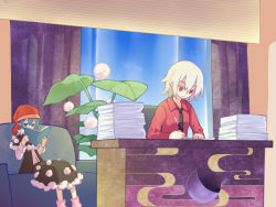 Rule 34 | 2girls, alternate costume, black dress, black necktie, blue eyes, blue hair, book, capelet, commentary, contemporary, couch, curtains, day, doremy sweet, dress, hat, kishin sagume, ko kita, long sleeves, multiple girls, necktie, nightcap, office, open book, paper stack, plant, pom pom (clothes), potted plant, reading, red eyes, red shirt, shirt, short hair, sitting, touhou, white hair, window, writing