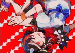 Rule 34 | 1girl, black hair, dress, itomugi-kun, kijin seija, looking at viewer, multicolored hair, red background, red eyes, ribbon, short hair, small horns, solo, tongue, tongue out, touhou, two-tone hair, upside-down