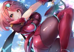 Rule 34 | 1girl, aegis sword (xenoblade), aqua gemstone, ass, backless outfit, bob cut, breasts, chest jewel, fingerless gloves, gloves, impossible clothes, large breasts, micro shorts, nintendo, pantyhose, pantyhose under shorts, pyra (xenoblade), racket ti1, red eyes, red hair, red shorts, red thighhighs, short hair, short shorts, short sleeves, shorts, skindentation, solo, super smash bros., suspenders, swept bangs, thighhighs, thighhighs over pantyhose, tiara, xenoblade chronicles (series), xenoblade chronicles 2