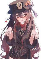 Rule 34 | 1girl, :p, absurdres, black hat, black nails, black shorts, brown coat, closed mouth, coat, commentary request, cowboy shot, flower, flower-shaped pupils, genshin impact, ghost pose, hair between eyes, hand up, hat, hat flower, heart, highres, hu tao (genshin impact), jewelry, long hair, long sleeves, looking at viewer, mochizuki mochi, multiple rings, plum blossoms, porkpie hat, red eyes, red shirt, ring, shirt, shorts, simple background, solo, symbol-shaped pupils, tongue, tongue out, twintails, very long hair, white background