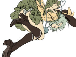 Rule 34 | 1girl, :d, blouse, bow, brown footwear, brown hat, brown socks, cross-laced footwear, feet up, green eyes, green hair, green panties, green skirt, hat, hat bow, high heels, kneehighs, komeiji koishi, long sleeves, looking at viewer, open mouth, panties, ruukii drift, shirt, shoe soles, shoes, short hair, simple background, skirt, smile, socks, solo, striped clothes, striped panties, third eye, touhou, underwear, white background, yellow bow, yellow shirt