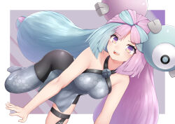 Rule 34 | 1girl, all fours, bare arms, bike shorts, blush, breasts, character hair ornament, commentary request, creatures (company), foot out of frame, game freak, green hair, grey shirt, hair ornament, highres, iono (pokemon), long hair, medium breasts, multicolored hair, nintendo, no shoes, open mouth, pink hair, pokemon, pokemon sv, purple eyes, sharp teeth, shirt, single leg pantyhose, sleeveless, sleeveless shirt, solo, teeth, thigh strap, tongue, tsumiki yuki, twintails, two-tone hair, upper teeth only