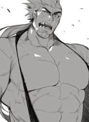 Rule 34 | 1boy, abs, asymmetrical hair, bara, bare pectorals, chest tattoo, facial hair, goatee, gomtang, greyscale, large pectorals, long hair, looking at viewer, male focus, mature male, monochrome, muscular, muscular male, nipples, open clothes, open shirt, original, pectorals, ponytail, shark (gomtang), sharp teeth, sideburns, sidecut, solo, stomach, tattoo, teeth, thick eyebrows, undercut, upper body, wind
