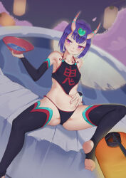 Rule 34 | 1girl, absurdres, aqua gemstone, black thighhighs, breasts, closed mouth, collarbone, covered erect nipples, crop top, cup, detached sleeves, eyeliner, fate/grand order, fate (series), gem hair ornament, groin, hand on own stomach, highres, holding, holding cup, horns, jewelry, low ponytail, makeup, nail polish, navel, oni, purple eyes, purple hair, reclining, red eyeliner, red nails, revealing clothes, short hair, shuijiaojun, shuten douji (fate), shuten douji (fate/grand order), shuten douji (halloween caster) (fate), skin-covered horns, sleeveless, small breasts, smile, soles, solo, spaghetti strap, spread legs, stirrup legwear, stomach, thighhighs, toeless legwear, toes
