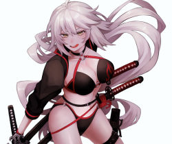 Rule 34 | 1girl, ahoge, bikini, black bikini, black gloves, black jacket, breasts, choker, cleavage, collarbone, cropped jacket, fate/grand order, fate (series), gloves, grey hair, highres, jacket, jeanne d&#039;arc alter (fate), jeanne d&#039;arc alter (swimsuit berserker) (fate), katana, large breasts, licking lips, long hair, long sleeves, looking at viewer, navel, o-ring, o-ring bikini, shrug (clothing), smile, solo, sumi (gfgf 045), swimsuit, sword, thigh strap, thighs, tongue, tongue out, very long hair, weapon, yellow eyes