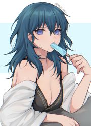 Rule 34 | 1girl, bare shoulders, blue eyes, blue hair, breasts, byleth (female) (fire emblem), byleth (fire emblem), cleavage, commentary, fire emblem, fire emblem: three houses, food, food in mouth, hair between eyes, hand up, highres, holding, holding food, long hair, looking at viewer, medium breasts, nintendo, off shoulder, popsicle, shimizu akina, solo, symbol-only commentary, upper body