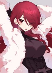 Rule 34 | 1girl, absurdres, black corset, breasts, coat, commentary, corset, emi star, english commentary, fur coat, grey background, hair behind ear, highres, kirijou mitsuru, large breasts, leaning back, long hair, parted lips, persona, persona 3, persona 4: the ultimate in mayonaka arena, red eyes, red hair, smile, solo, upper body, white coat