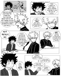 Rule 34 | 2boys, bakugou katsuki, bakuverde, boku no hero academia, closed mouth, collared shirt, comic, commentary, english commentary, english text, freckles, frown, greyscale, highres, long sleeves, looking at another, male focus, midoriya izuku, monochrome, multiple boys, open mouth, shirt, short hair, speech bubble, spiked hair, table