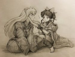 Rule 34 | 1boy, 1girl, animal ears, bead necklace, beads, cape, dog ears, father and daughter, hair ornament, han&#039;you no yashahime, highres, inuyasha, inuyasha (character), japanese clothes, jewelry, long hair, monochrome, moroha (inuyasha), necklace, oooranje nlj, pearl necklace, ponytail, short hair, traditional youkai