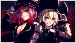 Rule 34 | 2girls, aiguillette, amemiya amane, black hat, black jacket, black vest, blonde hair, border, braid, breasts, buttons, cleavage, closed mouth, crossover, eyebrows, eyelashes, eyes visible through hair, gloves, grin, hair between eyes, hair over one eye, hairband, hand on another&#039;s shoulder, hand on headwear, hat, hat tip, highres, jacket, katei kyoushi no oneesan, kateikyoushi no onee-san, kirisame marisa, kurasaki cority, long hair, long sleeves, looking at viewer, multiple girls, no shirt, outside border, peaked cap, pink eyes, pirate hat, purple eyes, purple hair, red background, salute, shirt, side-by-side, side braid, small breasts, smile, touhou, turtleneck, upper body, vest, white border, white gloves, white shirt, wrist cuffs, yellow eyes