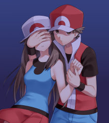 Rule 34 | 1boy, 1girl, blue background, blue pants, blue shirt, brown eyes, brown hair, closed mouth, commentary request, covering another&#039;s eyes, creatures (company), game freak, hat, jacket, leaf (pokemon), looking at viewer, nintendo, pants, parted lips, pleated skirt, pokemon, pokemon frlg, red (pokemon), red headwear, red jacket, red skirt, scbstella, shirt, short hair, short sleeves, skirt, sleeveless, sleeveless jacket, sleeveless shirt, t-shirt, white headwear, wristband